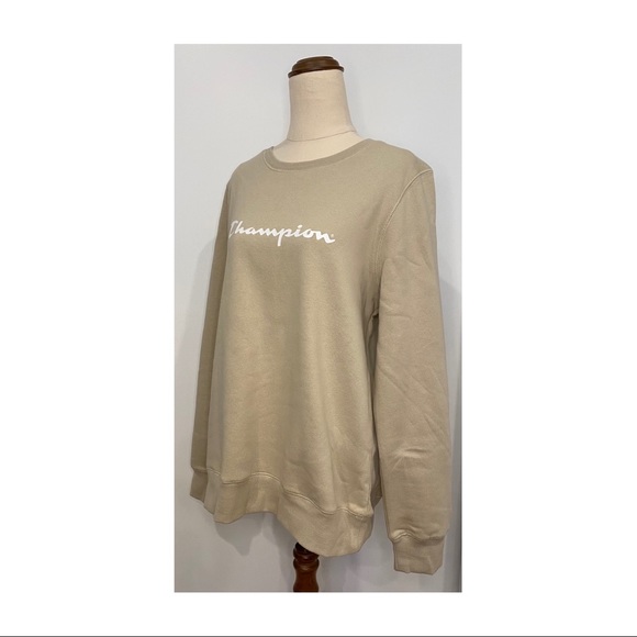 Women’s Champion script crew jumper light taupe size L pullover Cotton polyester - Picture 2 of 7